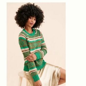 Scotch & Soda Green, Merallic and Beige Patterned Sweater, S